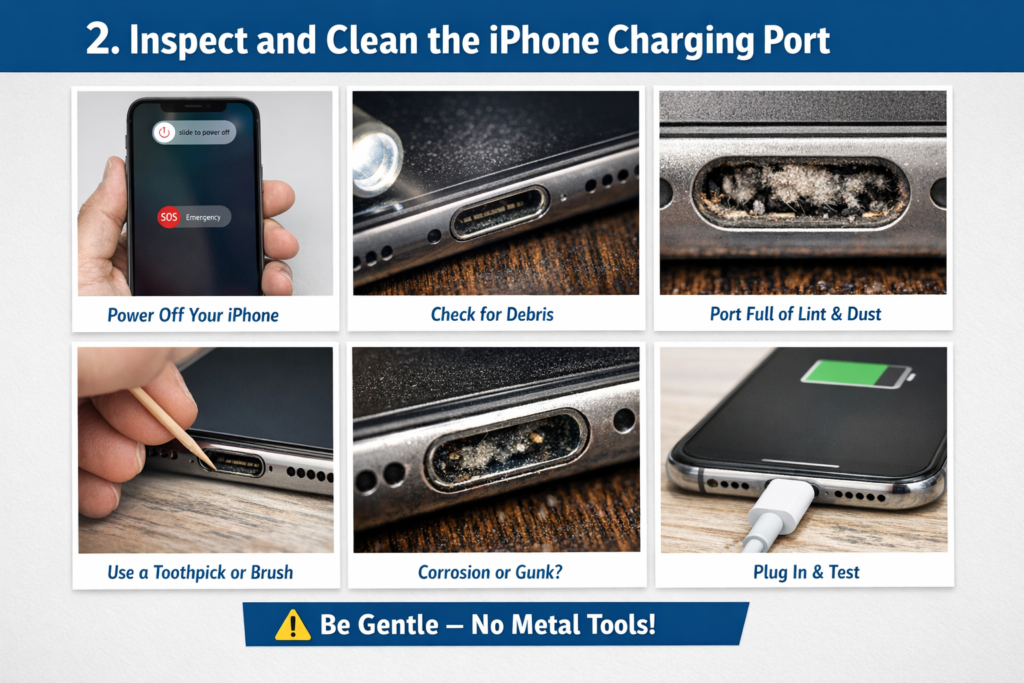 Cleaning iPhone charging port gently with soft brush